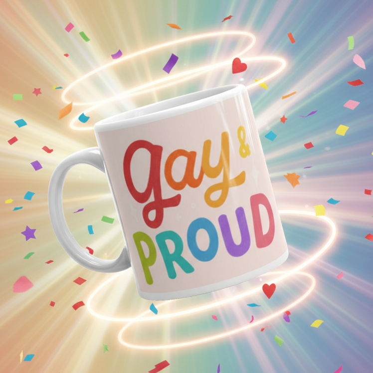 Gay & Proud Mug set against a vibrant backdrop, featuring multicolored letters, swirls of light, and confetti, embodying celebratory LGBTQIA+ pride and empowerment. Perfect for coffee or tea, dishwasher and microwave safe.
