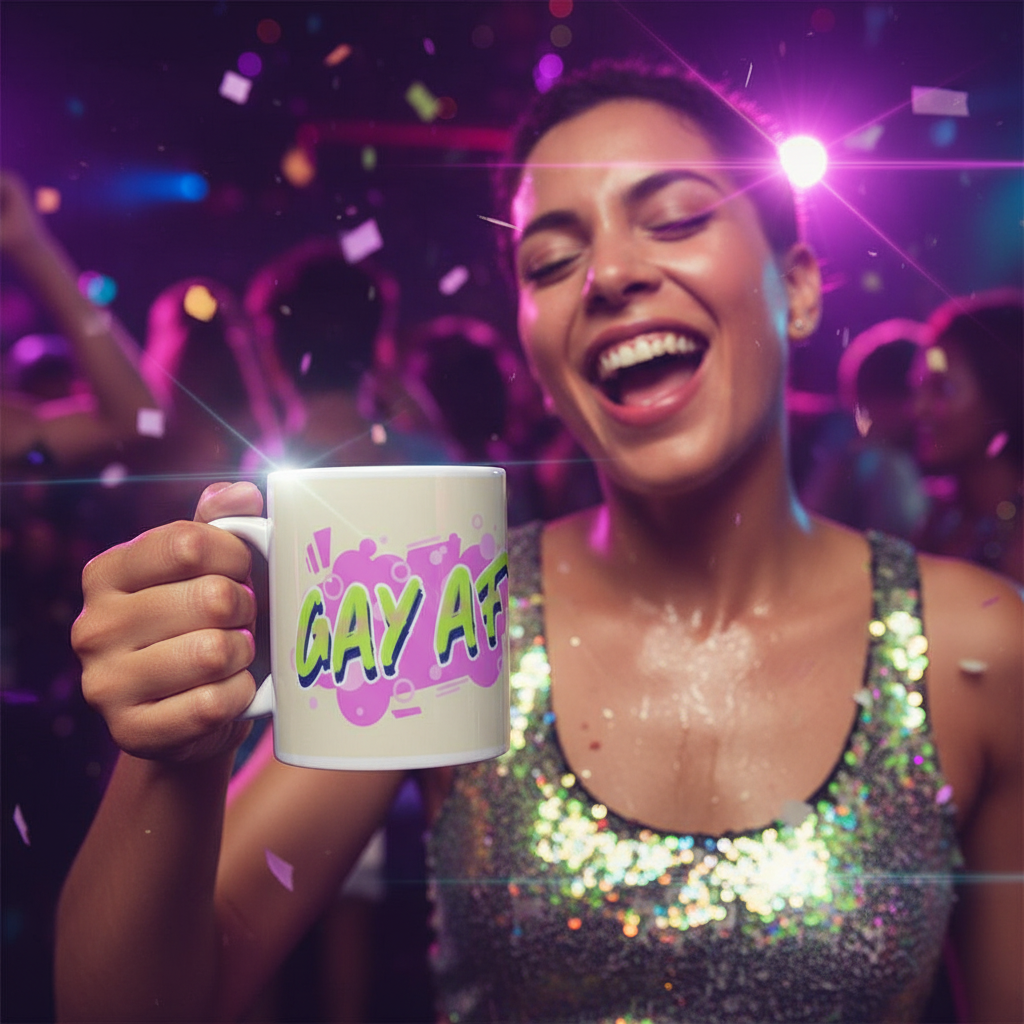Person on a dance floor gleefully holds a GAY AF mug amidst vibrant party lights and confetti. This white, ceramic mug celebrates LGBTQIA+ pride with its bold design, perfect for expressive self-identity.