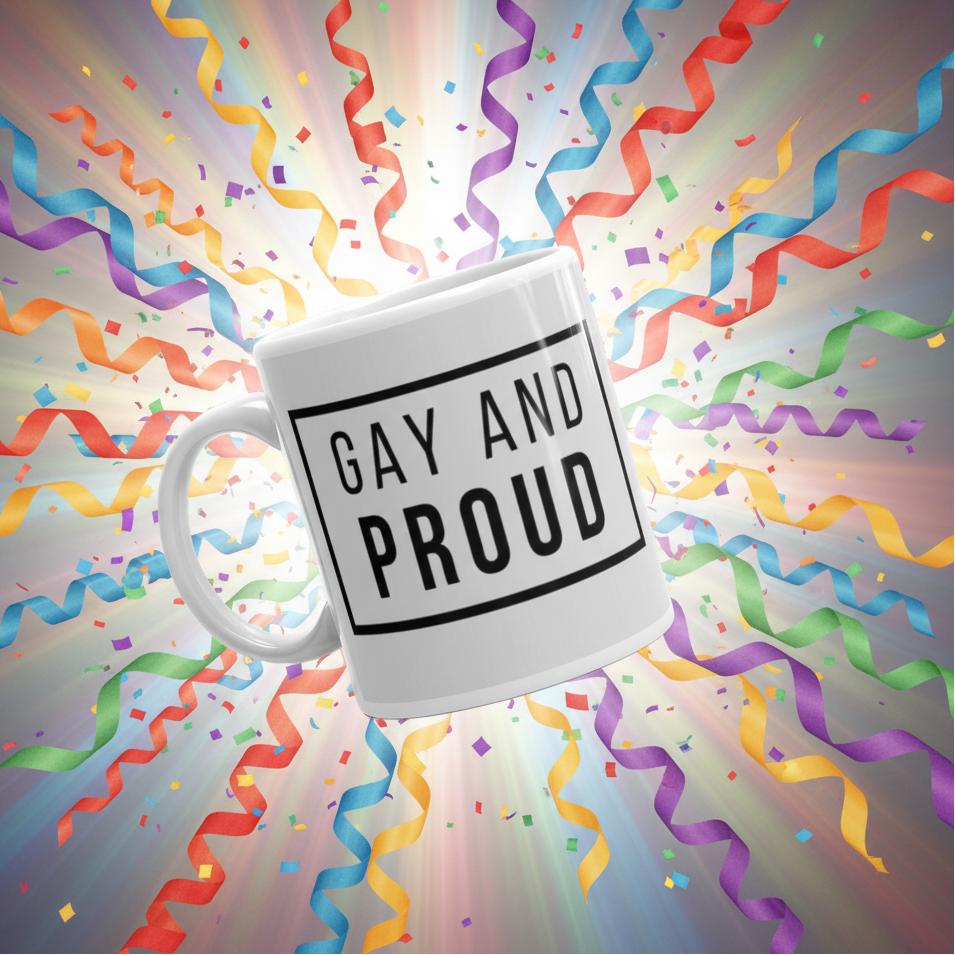 White ceramic Gay And Proud mug with bold black letters, surrounded by rainbow-inspired streamers and confetti. Celebratory and empowering, perfect for expressing LGBTQIA+ pride and self-expression.