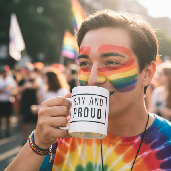 A person proudly holds a Gay And Proud mug at a vibrant Pride event, with rainbow face paint, a tie-dye shirt, and a woven rainbow bracelet, embodying joyful queer self-expression.