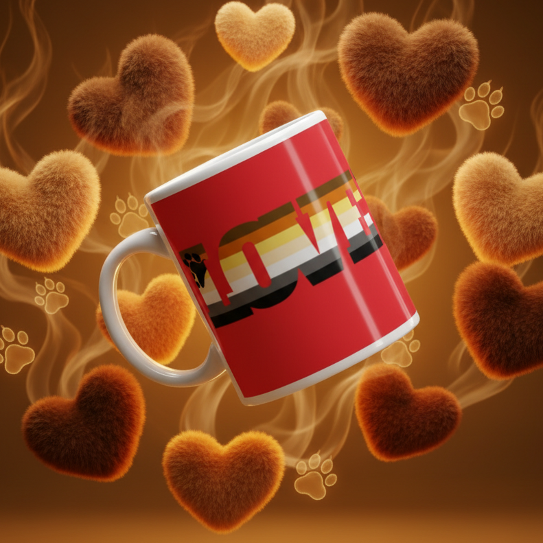 Gay Bear Love Mug featuring “LOVE” in bear-pride colors with paw-print icon, surrounded by fur-textured hearts and steam. A vibrant, sturdy mug from Queer In The World, celebrating LGBTQIA+ pride.