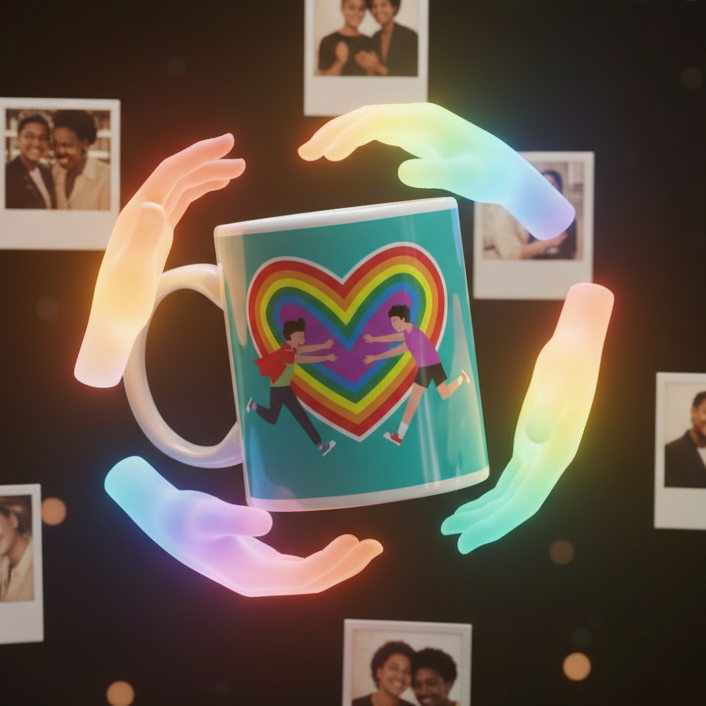 Gay Couple Mug featuring a rainbow-striped heart with figures embracing, surrounded by rainbow-hued hands. A vibrant symbol of love and LGBTQ+ pride, perfect for joyfully expressing identity and empowerment.