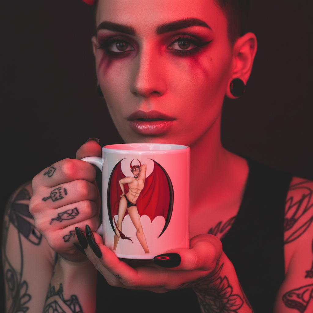 Young person with tattoos and dark makeup holds the Gay Devil Mug, featuring a pin-up succubus design. The mug is sturdy, glossy, and embodies bold queer self-expression, perfect for celebrating LGBTQIA+ pride.
