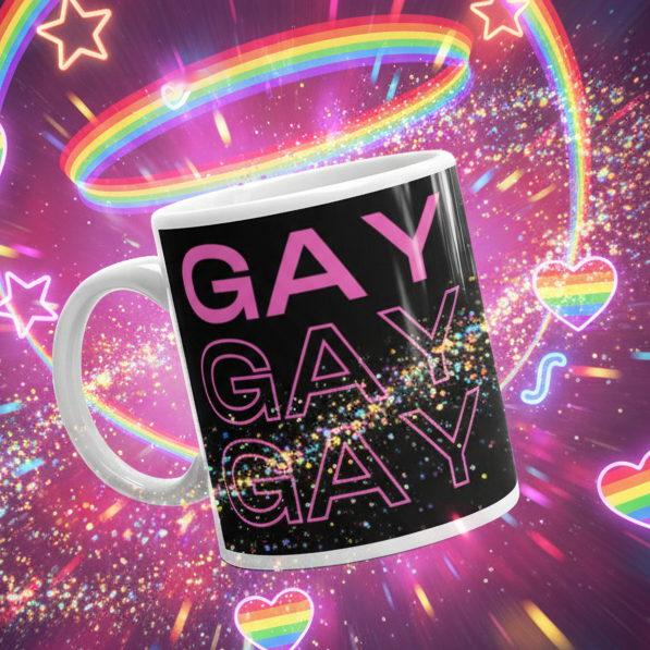 Floating black Gay Gay Gay Mug with pink outlined text, surrounded by sparkling multicolored glitter and radiant neon rainbow elements, embodying LGBTQIA+ pride and joyful self-expression. Perfect for empowering daily use.