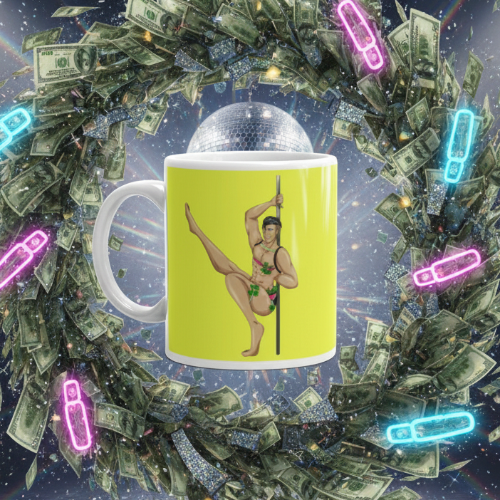 Gay Gogo Dancer Mug featuring a vibrant illustration of a muscular performer on a dance pole, set against a dynamic, space-like backdrop with a disco ball and neon accents, celebrating queer pride and self-expression.