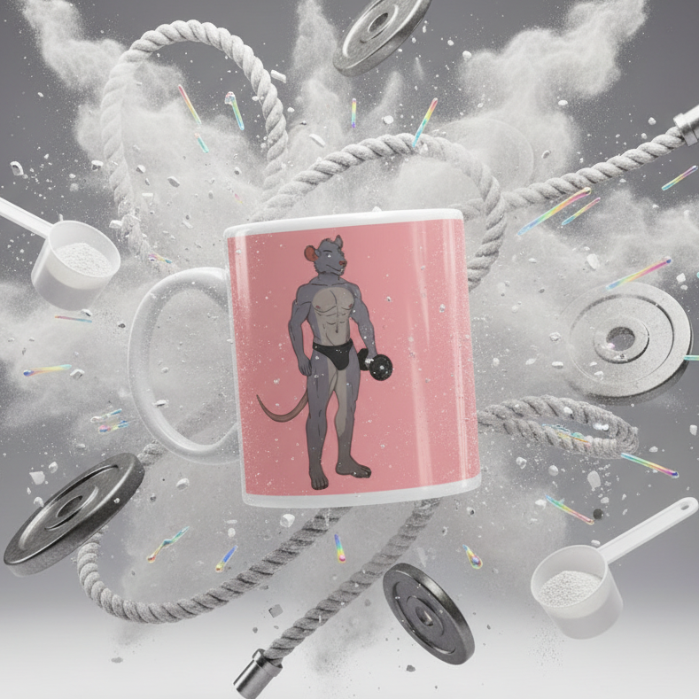 Floating Gay Gym Rat Mug surrounded by gym props, featuring a muscular rat with dumbbell on a pink wrap. Celebrates LGBTQ+ pride and self-expression, perfect for bold, empowering sips.