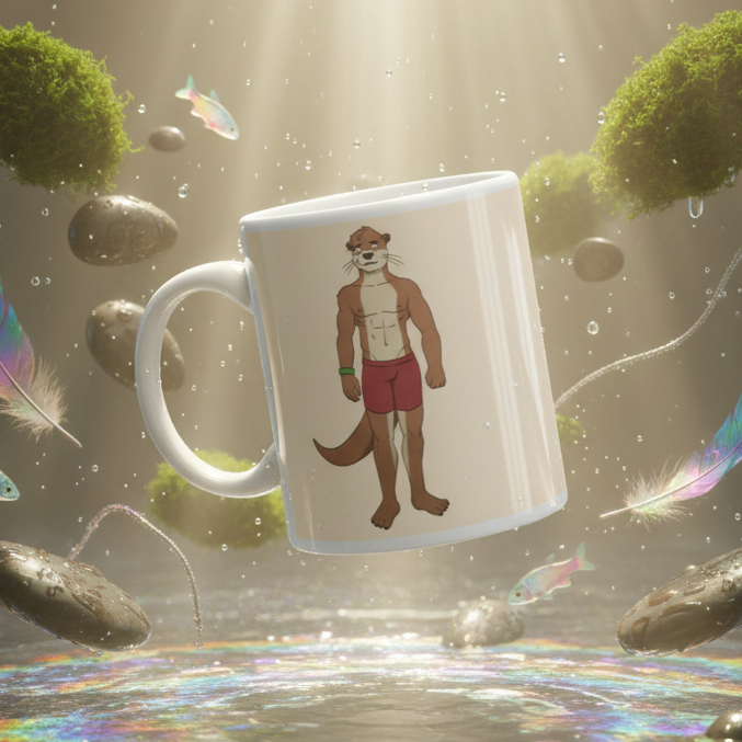 Gay Otter Mug features a muscular otter in red swim trunks, surrounded by levitating stones and iridescent fish. This whimsical, prideful ceramic mug celebrates LGBTQIA+ identity and self-expression.