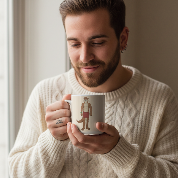 Bearded man in a cream cable knit sweater smiles at a Gay Otter Mug, featuring an otter in red shorts and a green wristband, embodying playful LGBTQIA+ pride from Queer In The World.