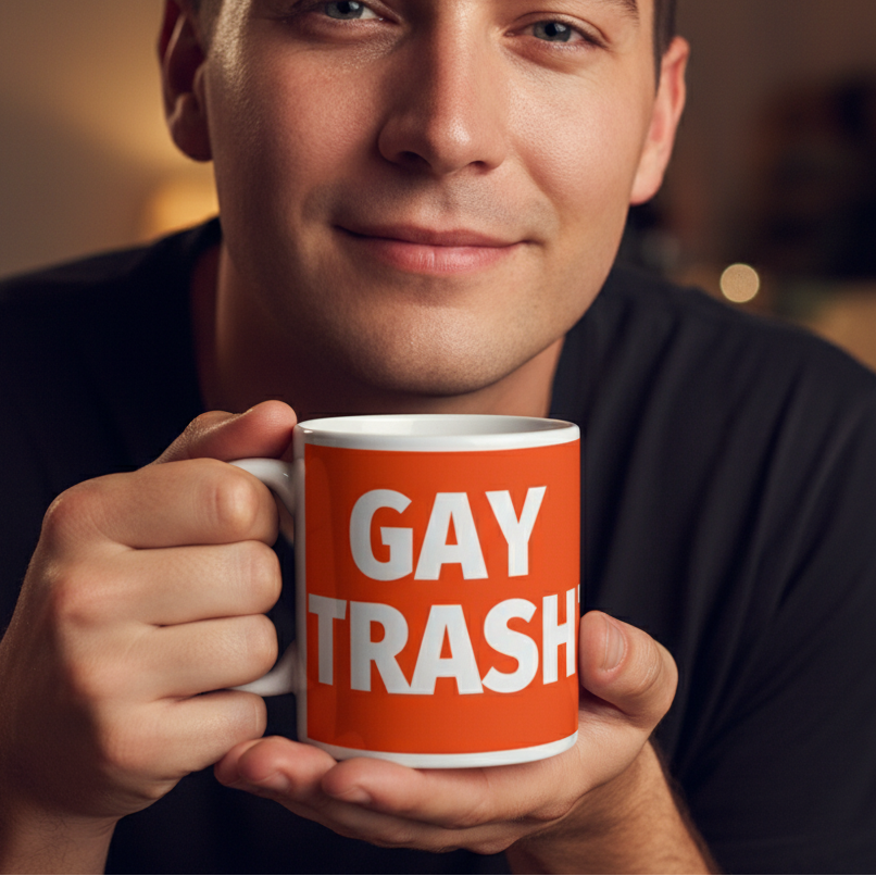 Person holding a Gay Trash mug, showcasing vibrant LGBTQIA+ pride. The glossy red ceramic mug is ideal for coffee or tea, reflecting Queer In The World’s empowering, inclusive, and bold identity.
