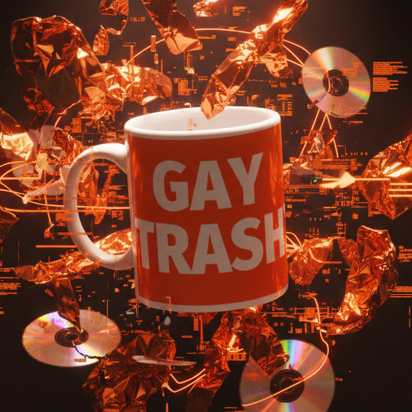 Vivid red GAY TRASH mug floats amid metallic orange foil and CDs, showcasing Queer In The World's bold, empowering style. Perfect for proudly expressing LGBTQIA+ identity with coffee or wine.