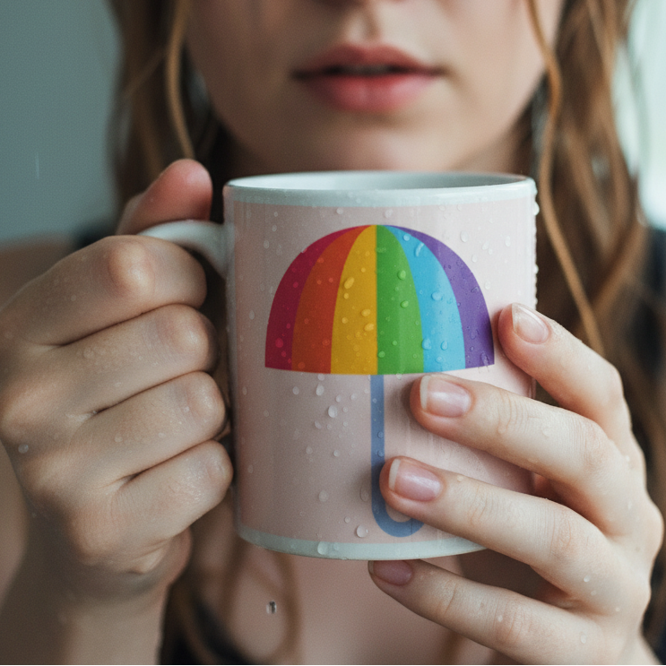 Close-up of hands cradling the Gay Umbrella Mug, featuring a rainbow umbrella graphic. The pale pink ceramic is adorned with water droplets, capturing a vibrant, prideful, and joyful queer spirit.