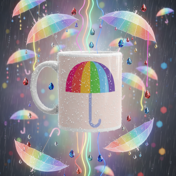 Gay Umbrella Mug surrounded by whimsical pastel rainbow umbrellas and jewel-like raindrops, embodying vibrant LGBTQIA+ pride and self-expression. Perfect for starting your day with colorful empowerment and visibility.