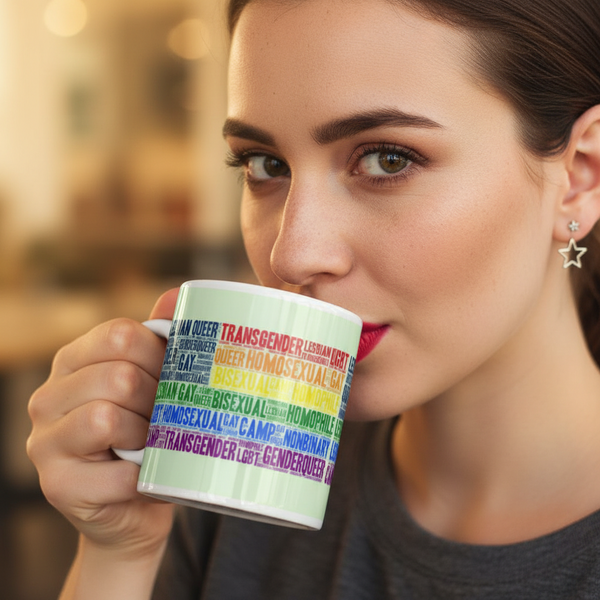 Gay USA Mug with bold, colorful LGBTQ+ words—transgender, queer, lesbian, bisexual—held by a woman in star earrings and grey shirt.