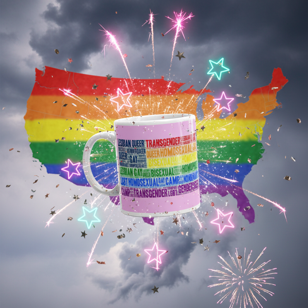 Gay USA Mug featuring rainbow LGBTQ+ identity labels against a vibrant Pride-themed United States map backdrop, surrounded by celebratory fireworks and confetti. Perfect for expressing pride and empowerment in every sip.