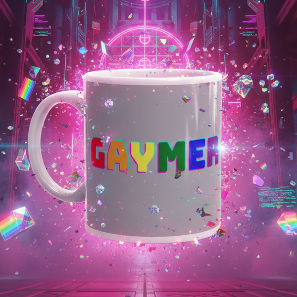 Gaymer Mug floating in a neon cyber-futuristic scene, adorned with bold rainbow letters, surrounded by prismatic shards; celebrates LGBTQIA+ pride with vibrant, inclusive energy. Dishwasher and microwave safe.