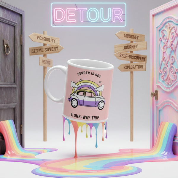 The Gender Is Not A One-way Trip Mug features a melting rainbow design with transgender-flag colors and empowering slogan, symbolizing fluidity and self-discovery for proudly queer coffee moments.
