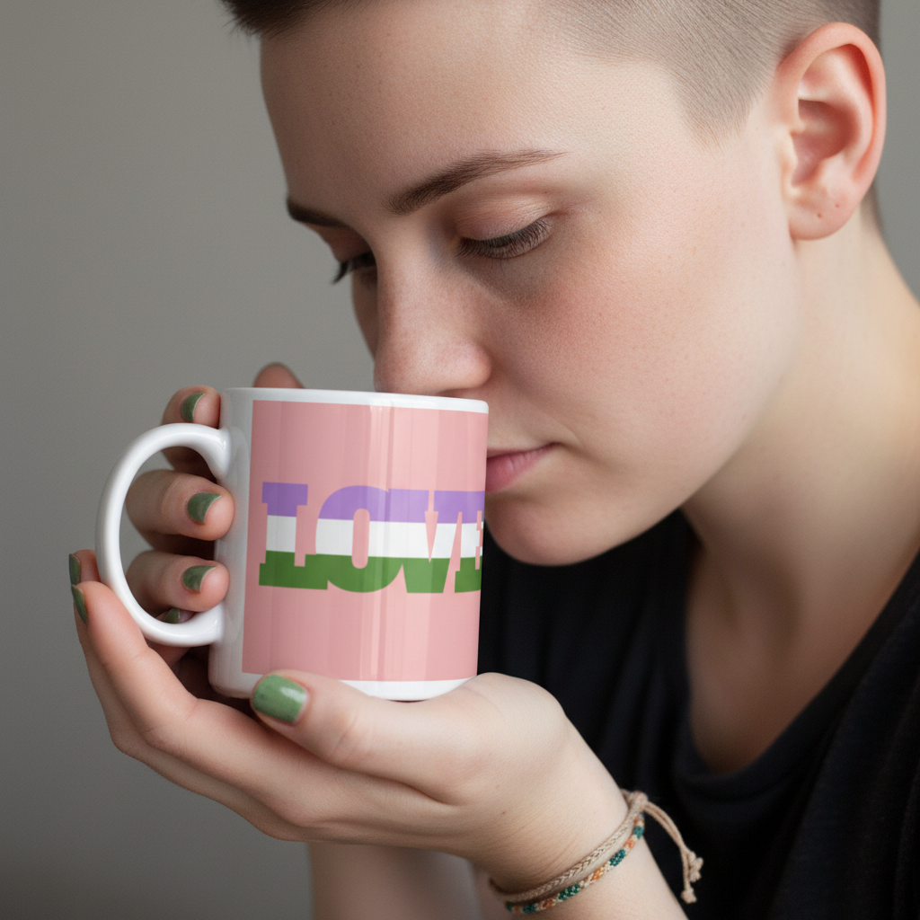 Person with undercut hairstyle enjoys coffee from the Genderqueer Love Mug, a vibrant ceramic piece showcasing LOVE in pastel hues, embodying self-expression and pride. Green nails and woven bracelet add flair.