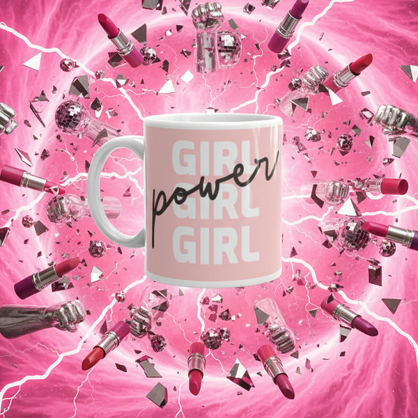 Girl Girl Girl Power Mug amid floating lipsticks, metallic fist charms, and disco-ball fragments, embodies vibrant queer empowerment and visibility. Perfect for coffee or tea, it's a proud statement piece for any occasion.