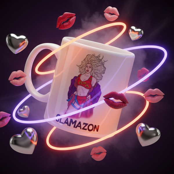 Glamazon Mug: A white ceramic mug featuring a glamorous illustration of a woman in bold attire, surrounded by metallic hearts and lip prints, with neon rings adding dynamic, queer pride energy.