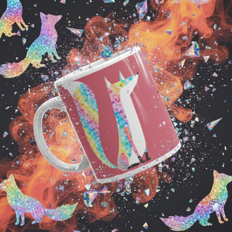Glitter Fox Mug featuring a rainbow-watercolor fox spins amid fiery, iridescent shards, celebrating LGBTQIA+ pride and self-expression. Perfect for empowering mornings or late-night chats, this mug embodies joyful queer energy.