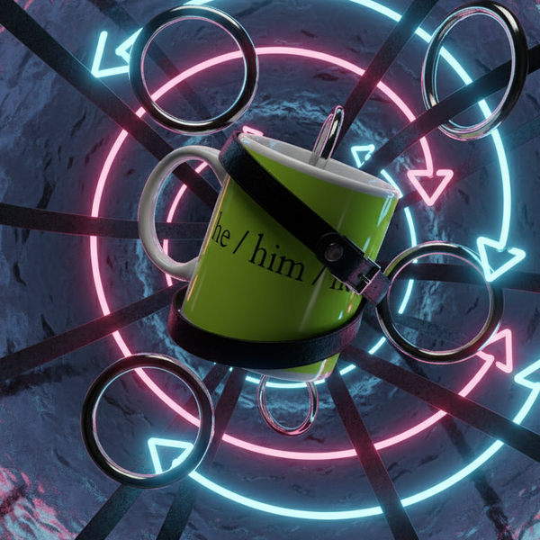 3D-rendered He / Him / Hole Mug with black leather harness and metal rings, surrounded by neon accents, highlighting LGBTQIA+ pride and self-expression. Perfect for bold, empowered daily use.