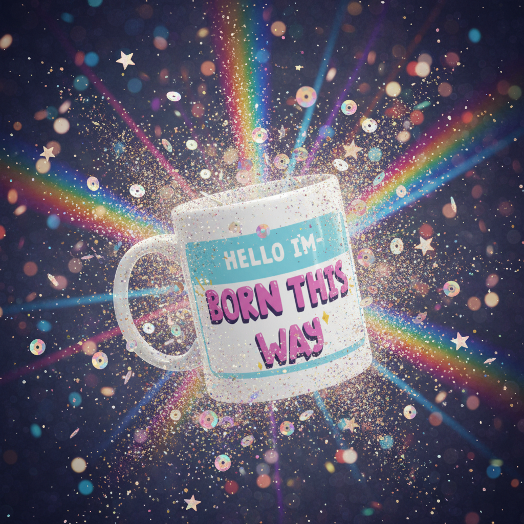 Hello I'm Born This Way Mug in white ceramic, surrounded by vibrant rainbow beams and glitter, celebrates LGBTQIA+ pride with a festive, empowering message. Perfect for showing queer self-expression and visibility.