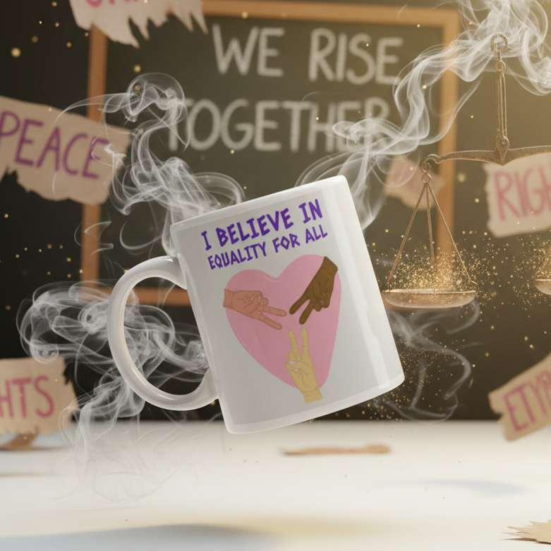 White ceramic I Believe In Equality For All mug features a pink heart with diverse hands making peace signs, amidst steam and sparkles, symbolizing pride and solidarity. Perfect for celebrating LGBTQIA+ empowerment.