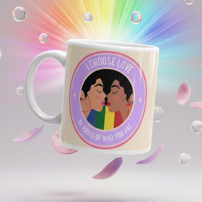 White ceramic I Choose Love mug with a rainbow badge of two faces kissing, surrounded by bubbles and petals. Celebrates LGBTQIA+ pride and self-expression, embodying Queer In The World's empowering spirit.