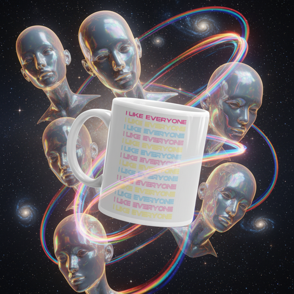 I Like Everyone Mug floats in space, adorned with pastel phrases, surrounded by iridescent mannequins and vibrant light trails, celebrating queer pride and self-expression. Perfect for any empowering beverage moment.