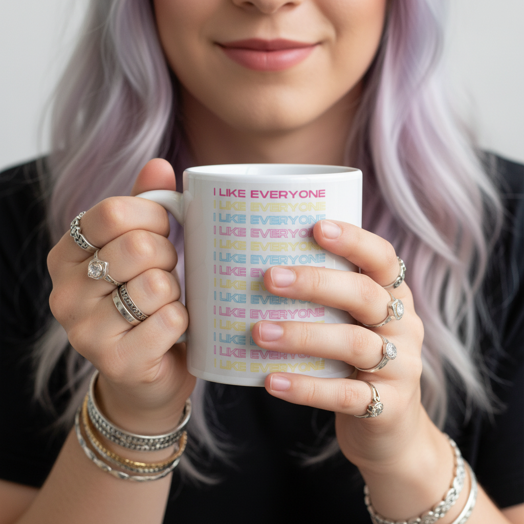 Close-up of hands holding the I Like Everyone Mug, featuring pastel text expressing inclusivity and pride. Lavender-tinted hair, adorned with rings and bracelets, reflects joyful queer self-expression.