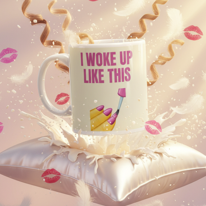 I Woke Up Like This Mug features bold pink lettering and a nail-painting emoji, floating amidst playful elements, celebrating LGBTQIA+ pride and self-expression with vibrant, sturdy design.