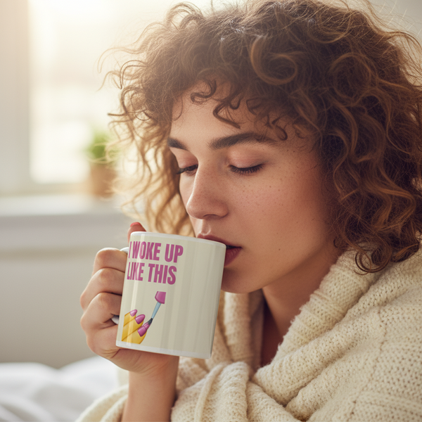 A person enjoys a serene morning in a cozy knit sweater, sipping from the empowering I Woke Up Like This mug, featuring bold pink text and nail art, embodying queer pride and self-expression.
