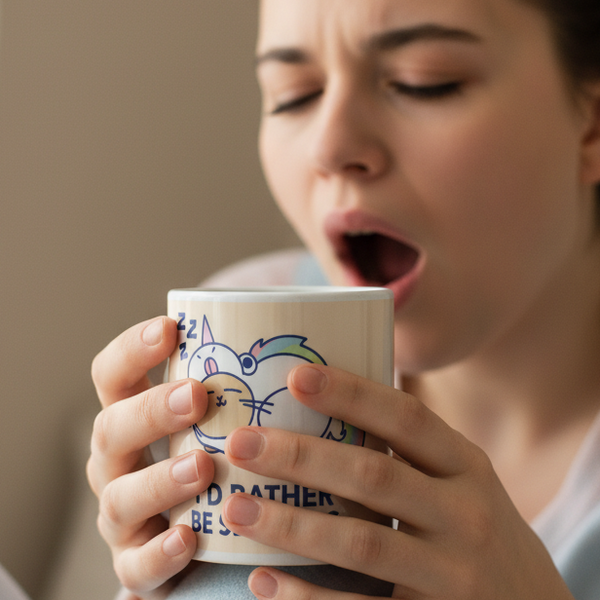 Person cradling an I’d Rather Be Sleeping mug featuring a sleepy cartoon cat. This queer-themed ceramic mug from Queer In The World echoes playful morning vibes, perfect for expressing LGBTQIA+ pride and self-expression.
