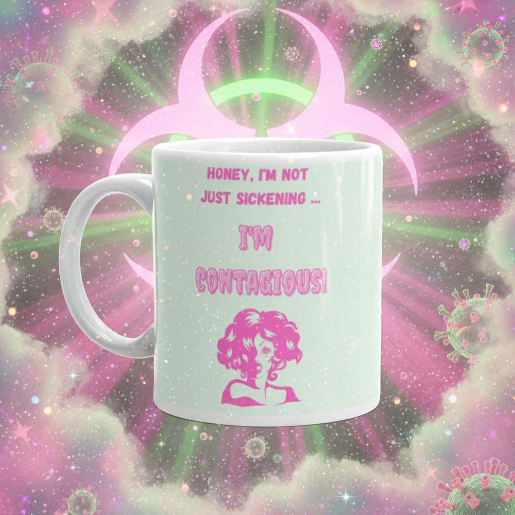 I'm Contagious Mug with cheeky pink lettering and retro glam illustration, celebrating queer pride and self-expression. Perfect for coffee or wine, embodying bold, joyful, and inclusive energy.