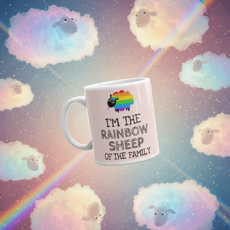I'm The Rainbow Sheep Of The Family Mug featuring a rainbow-striped cartoon sheep. Perfect for expressing LGBTQIA+ pride, this ceramic mug is microwave and dishwasher safe, embodying vibrant self-expression and inclusivity.