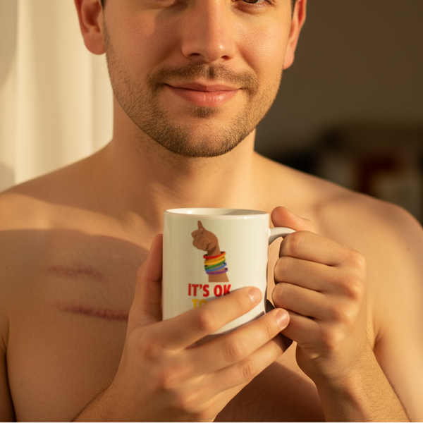 A shirtless individual holds the It's Ok To Be Gay Mug, featuring a thumbs-up graphic with rainbow wristbands. Perfect for celebrating LGBTQIA+ pride with every sip, embodying vibrant self-expression.