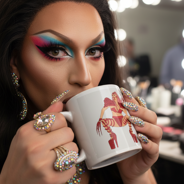 Drag performer with bold makeup sips from the Lady Gaga Chromatica Mug featuring a pin-up design in red. Adorned with rhinestone rings and nails, embodying joyful queer self-expression and pride.