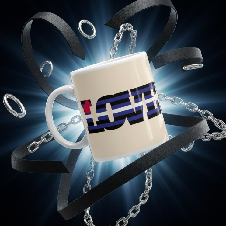 Leather Pride Love Mug: A vibrant white ceramic mug featuring LOVE with a heart-shaped O and swirling silver chains, metal rings, and black leather straps, celebrating bold, prideful self-expression.