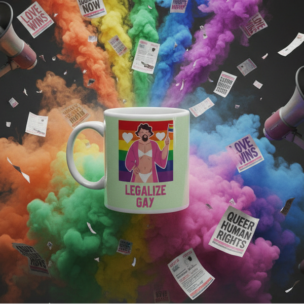 Legalize Gay Mug featuring a vibrant pride illustration with a rainbow flag and hearts, surrounded by protest flyers and megaphones, embodying bold queer empowerment and self-expression. Dishwasher and microwave safe.