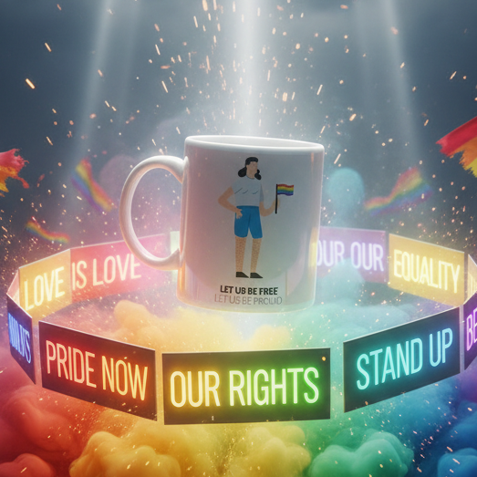 Let Us Be Free Let Us Be Proud Mug, featuring a figure with a rainbow Pride flag, surrounded by vibrant slogans like LOVE IS LOVE in rainbow hues, embodying joyful queer pride and empowerment.