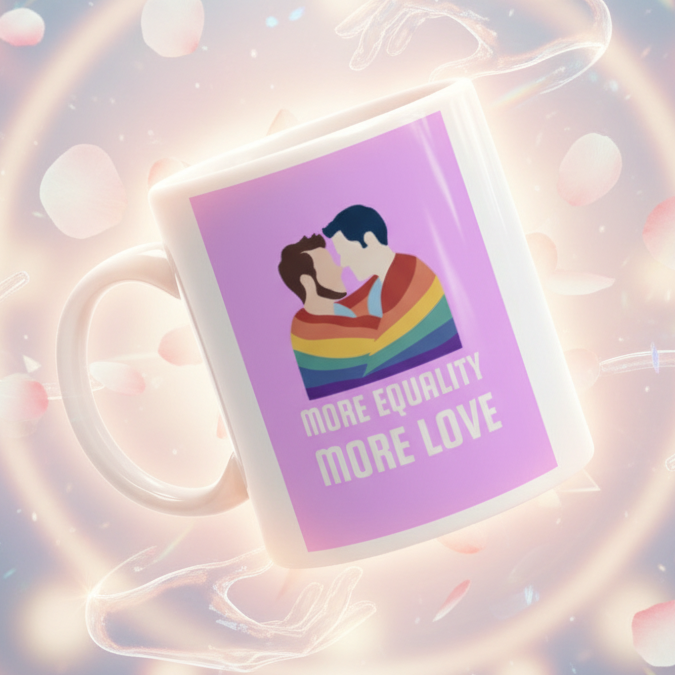 LGBT Couple Mug: A vibrant white ceramic mug with two men in a rainbow embrace, glowing petals, and MORE EQUALITY MORE LOVE. Perfect for proudly expressing LGBTQIA+ pride and self-expression.