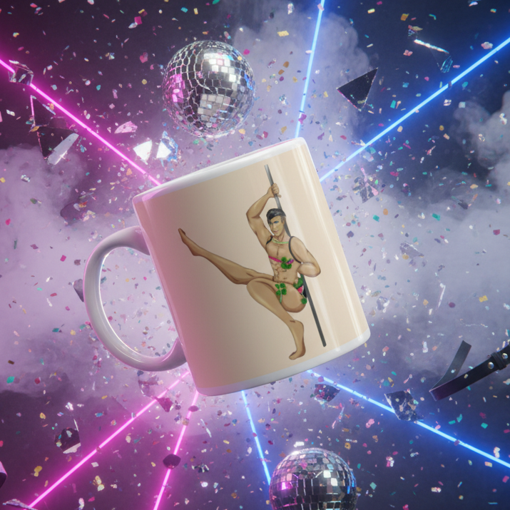 Love At A Gay Gogo Bar Mug floats amidst a vibrant club scene, featuring a muscular pole dancer in a leaf bikini. Perfect for celebrating LGBTQIA+ pride with style and self-expression.
