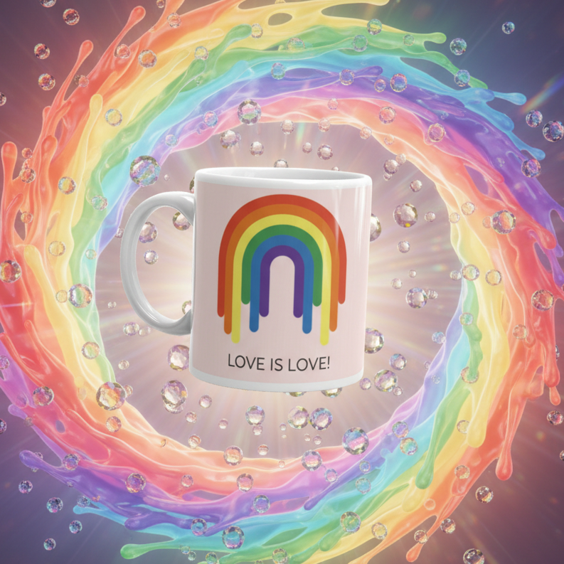 Love Is Love Rainbow Mug showcasing vibrant drippy arcs and slogan, surrounded by rainbow splashes and bubbles. A sturdy, glossy ceramic piece celebrating LGBTQIA+ pride, perfect for expressing joyful queer energy.