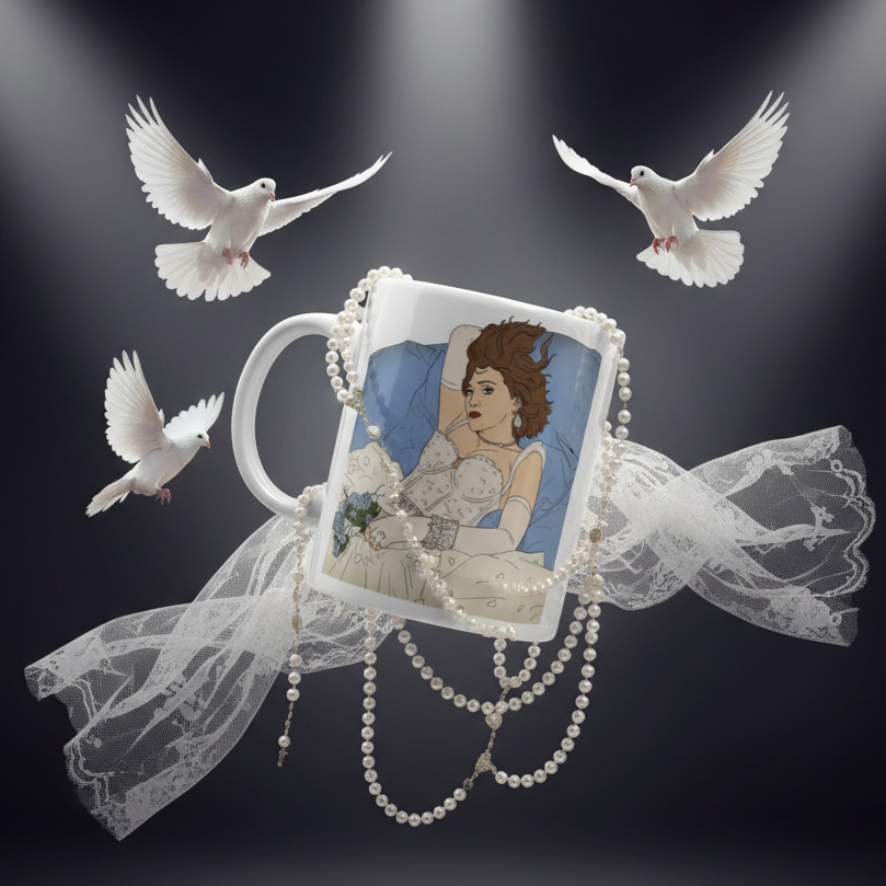 Angled white mug with a bride illustration, pearl strands, lace veil, and flying doves