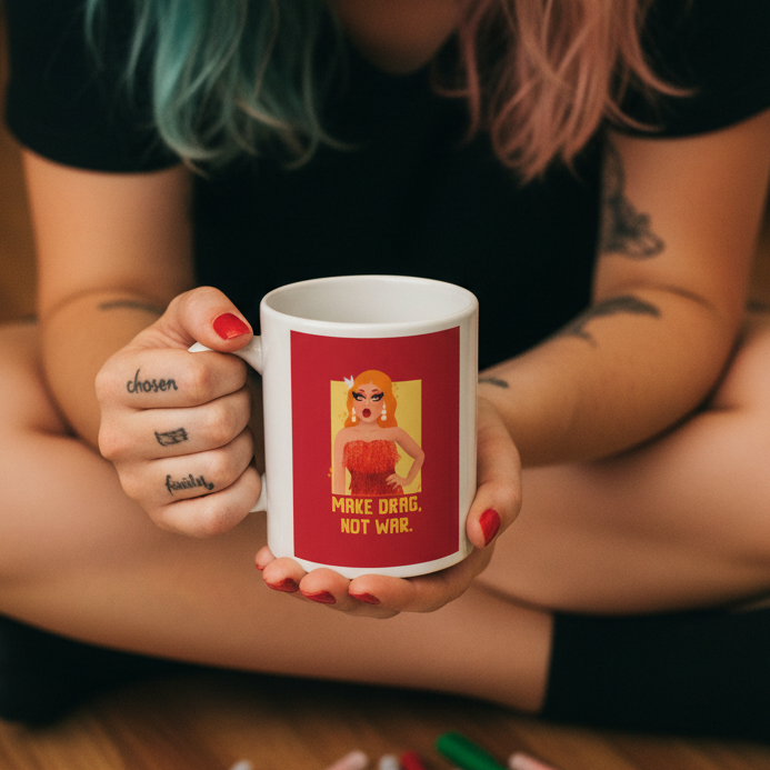 Person with pastel hair holds Make Drag Not War Mug, featuring a drag-queen illustration. Surroundings suggest creative crafting with markers and rainbow elements, embodying empowered, joyful queer self-expression.