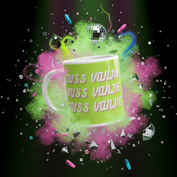Miss Vanjie Mug, bright-green, floats amid neon powder clouds and disco spheres, exuding vibrant, queer energy. Perfect for celebrating LGBTQIA+ pride, it’s durable, microwave, and dishwasher safe.