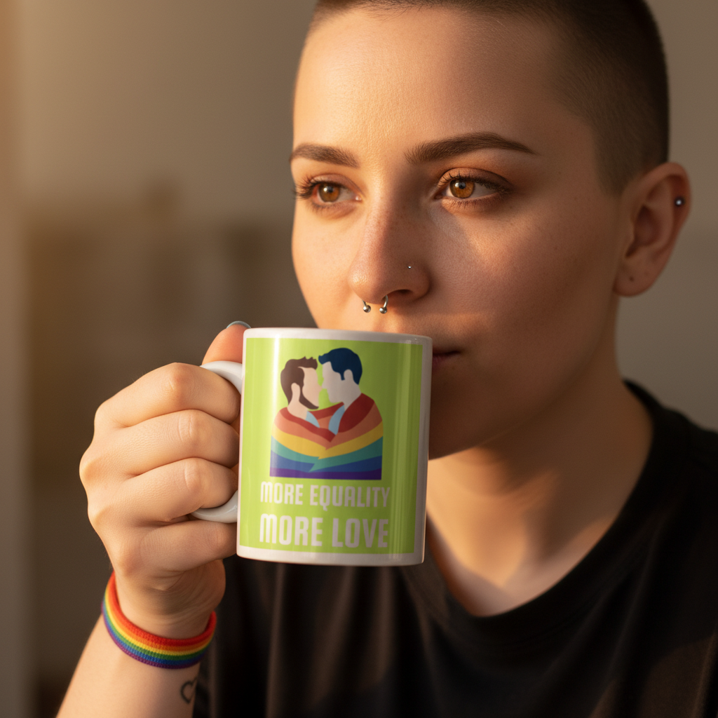 Person with piercings sips from the More Equality More Love Mug, featuring a rainbow embrace graphic. They wear a rainbow wristband, embodying LGBTQIA+ pride and self-expression.