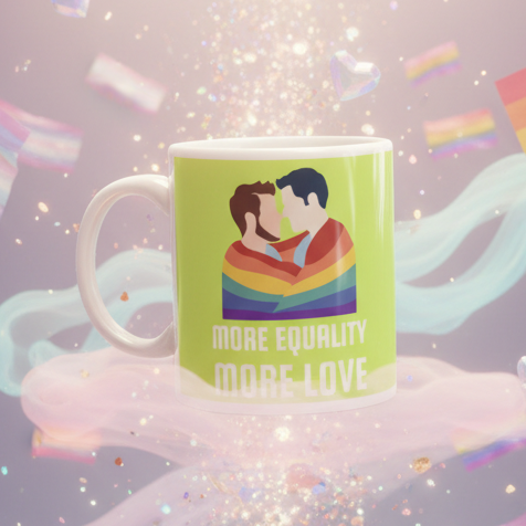 More Equality More Love Mug featuring two men embracing in a rainbow flag, set against a dreamy background with sparkles and hearts. Perfect for celebrating LGBTQIA+ pride and self-expression.