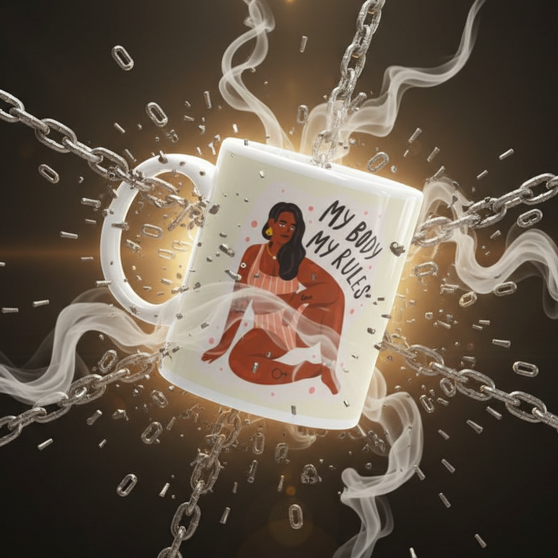 My Body My Rules Mug: A white ceramic mug with vibrant art of a dark-skinned woman kneeling in pink, slogan “My Body My Rules,” suspended with steam and chains, echoing bold queer empowerment.