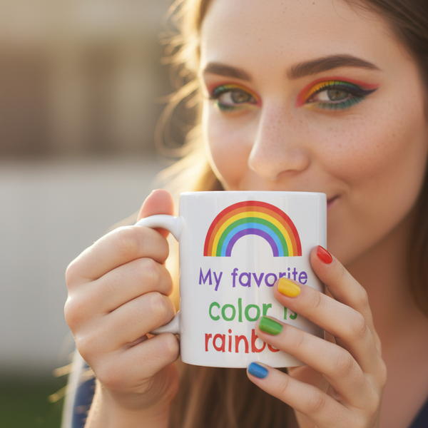 Close-up of a person holding a white mug with a rainbow and “My favorite color is rainbow” text